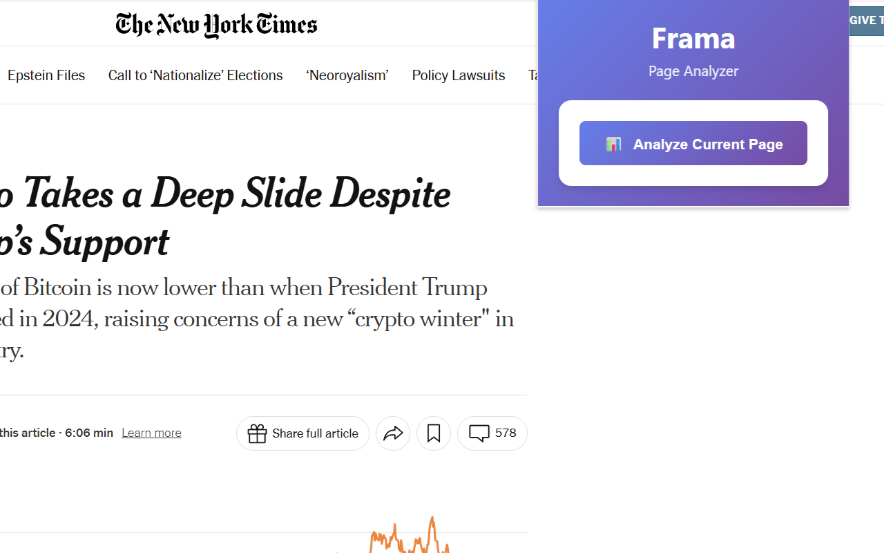 Frama browser extension in action — analyzing a web page